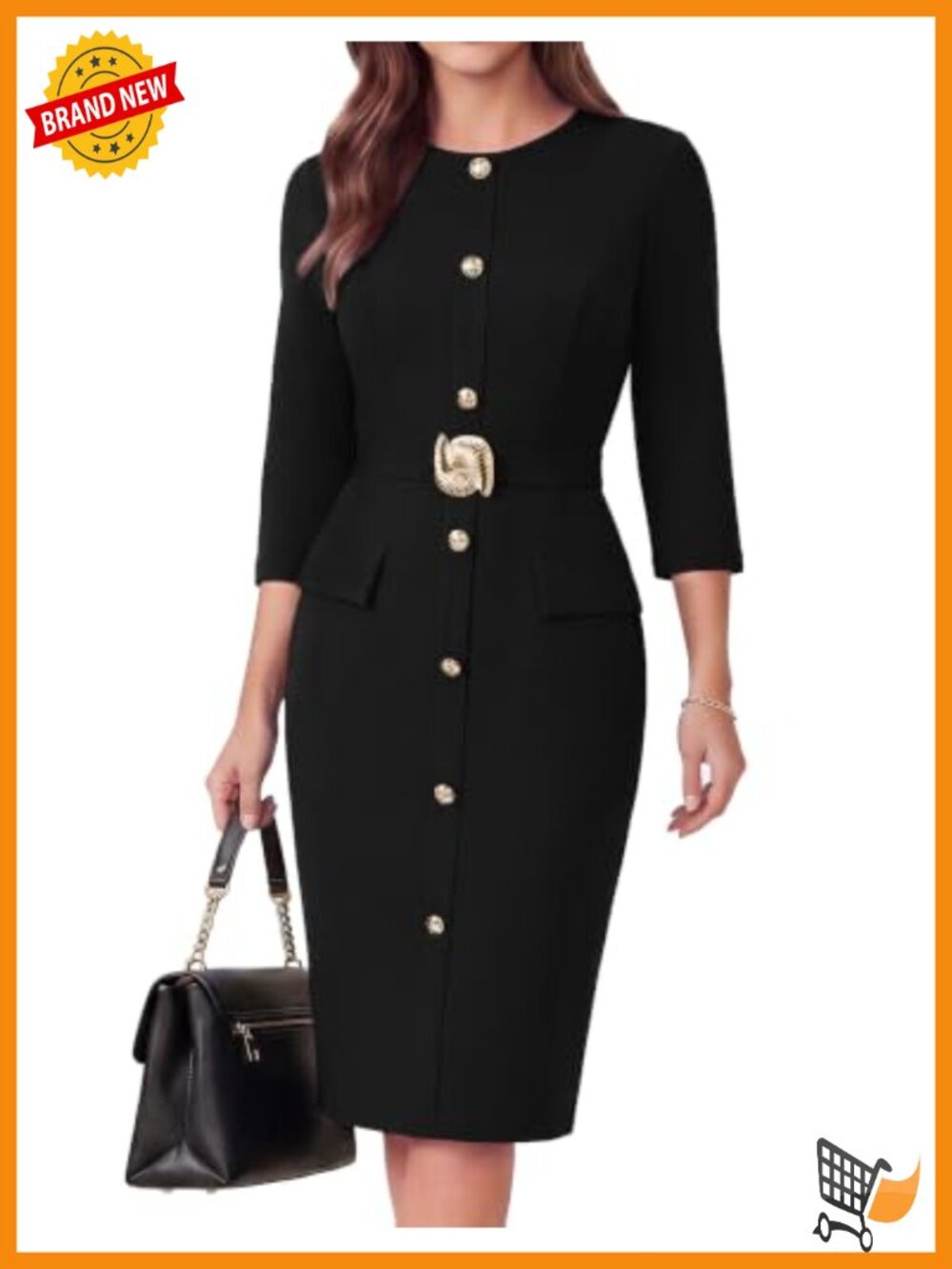 3/4 Sleeve Bodycon Midi Work Dress with Belt Business Casual